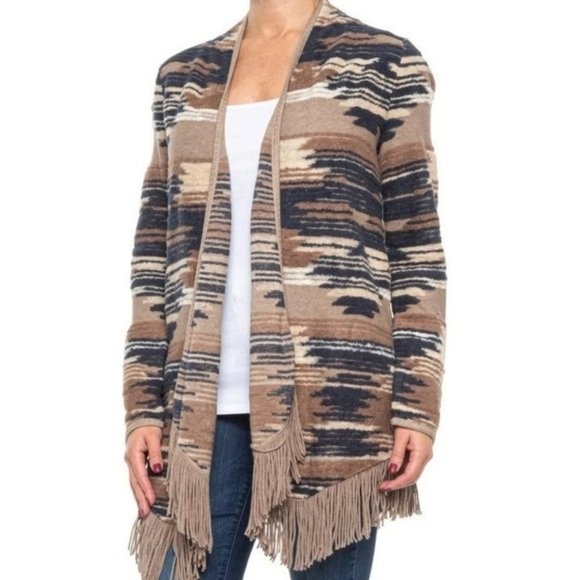 NWT Lucky Brand Aztec Print Bohemian Knit Cardigan with Fringe Hemline Sz SP - Picture 1 of 8